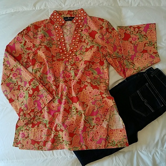 Liza Bryd orange floral boho tunic sz med - Picture 2 of 5